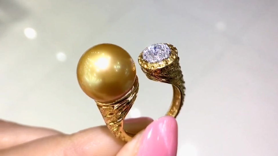 12-13 mm Golden South Sea Pearl Adjustable Ring, 18k Gold w/ Diamond - AAAA